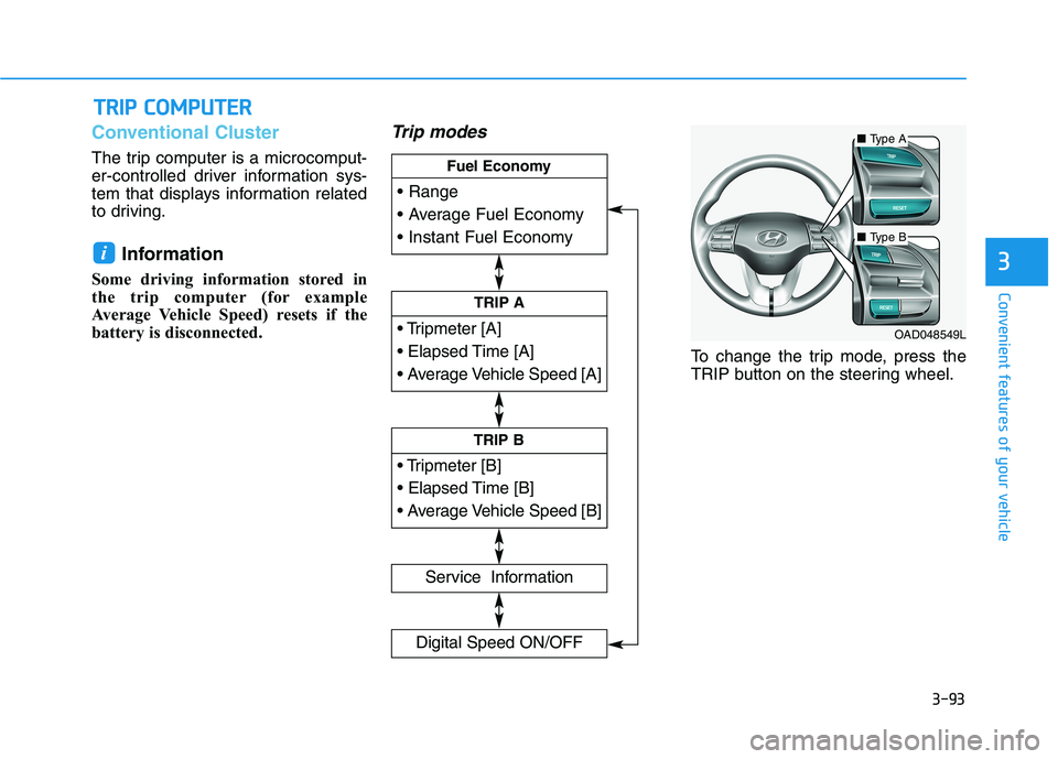 HYUNDAI ELANTRA SPORT 2019  Owners Manual 3-93
Convenient features of your vehicle
3
Conventional Cluster   
The trip computer is a microcomput- 
er-controlled driver information sys-
tem that displays information related
to driving.Informati