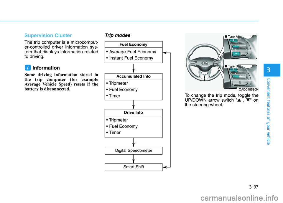 HYUNDAI ELANTRA SPORT 2019  Owners Manual 3-97
Convenient features of your vehicle
3
Supervision Cluster
The trip computer is a microcomput- 
er-controlled driver information sys-
tem that displays information related
to driving.Information
S
