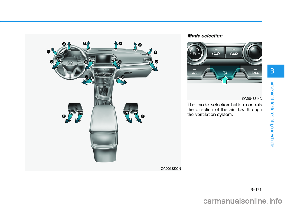 HYUNDAI ELANTRA SPORT 2019  Owners Manual 3-131
Convenient features of your vehicle
3
Mode selection
The mode selection button controls 
the direction of the air flow through
the ventilation system.
OAD048302N
OAD048314N   