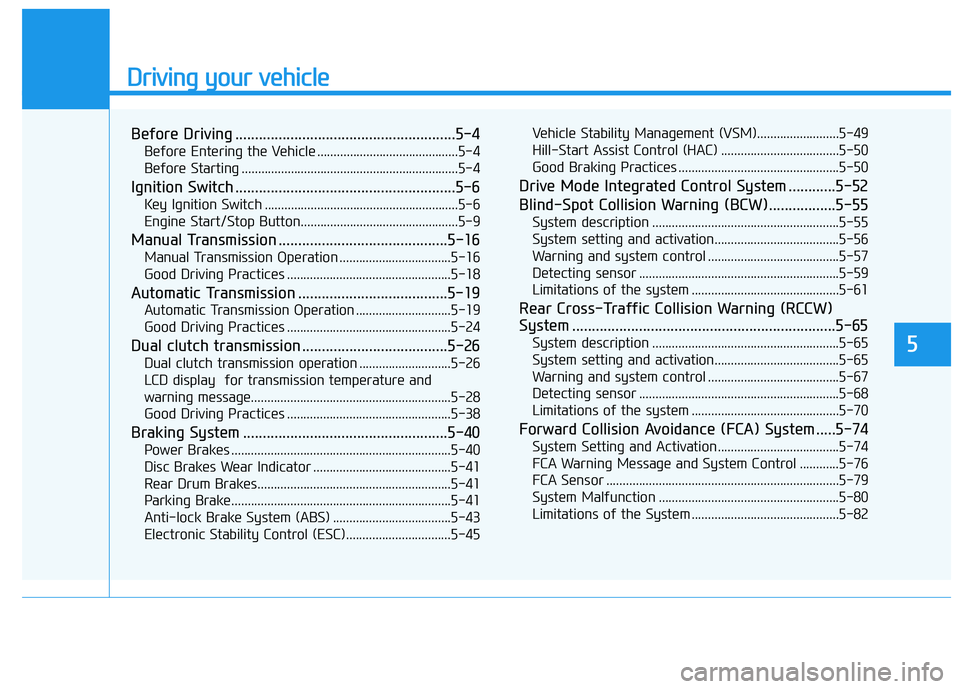 HYUNDAI ELANTRA SPORT 2019  Owners Manual Driving your vehicle
5
Before Driving ........................................................5-4Before Entering the Vehicle ...........................................5-4 
Before Starting ...........