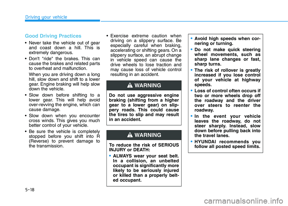 HYUNDAI ELANTRA SPORT 2019  Owners Manual 5-18
Good Driving Practices 
 Never take the vehicle out of gearand coast down a hill. This is 
extremely dangerous.
 Dont "ride" the brakes. This can cause the brakes and related parts
to overheat a