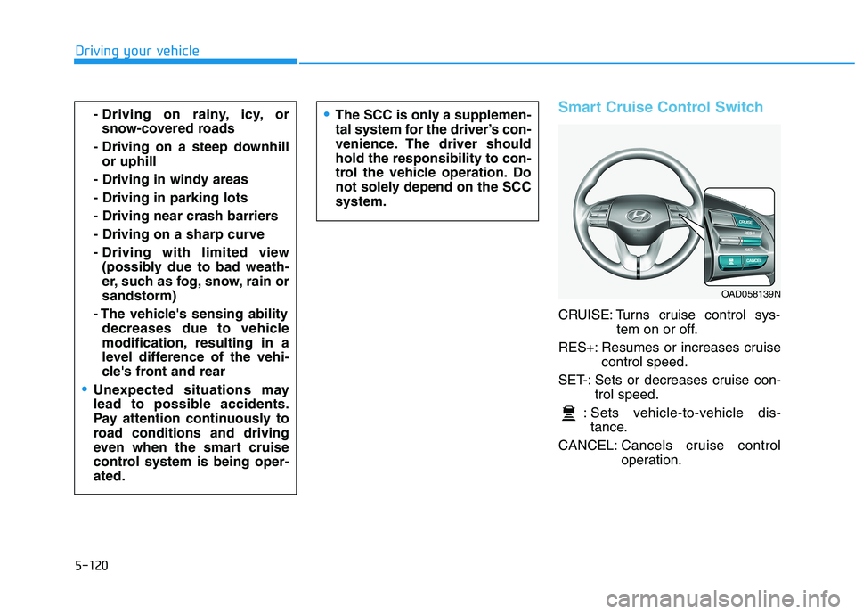 HYUNDAI ELANTRA SPORT 2019 Owners Manual 5-120
Driving your vehicle
Smart Cruise Control Switch
CRUISE: Turns cruise control sys-tem on or off.
RES+: Resumes or increases cruise control speed.
SET-: Sets or decreases cruise con- trol speed.
HYUNDAI ELANTRA SPORT 2019 Owners Manual 5-120
Driving your vehicle
Smart Cruise Control Switch
CRUISE: Turns cruise control sys-tem on or off.
RES+: Resumes or increases cruise control speed.
SET-: Sets or decreases cruise con- trol speed.