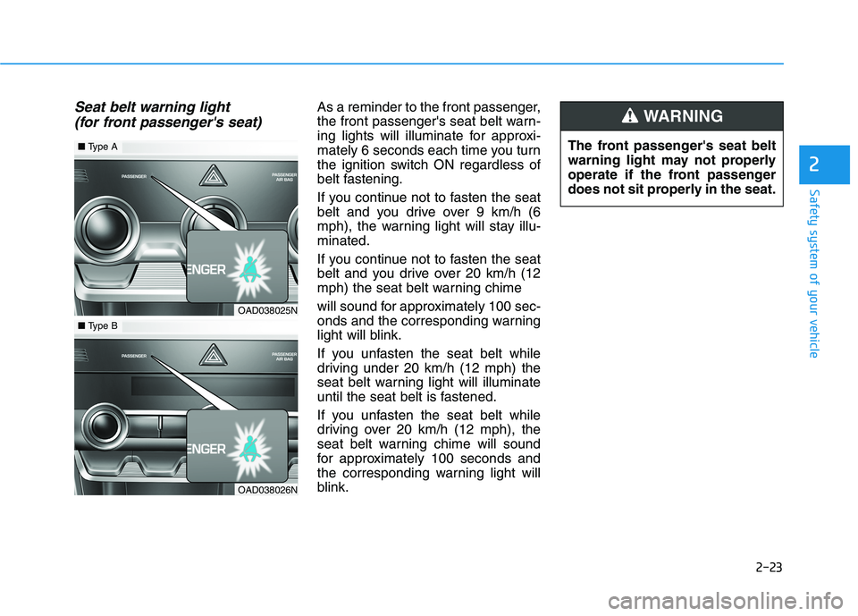 HYUNDAI ELANTRA SPORT 2019 Service Manual 2-23
Safety system of your vehicle
Seat belt warning light (for front passengers seat) As a reminder to the front passenger, 
the front passengers seat belt warn-
ing lights will illuminate for appr