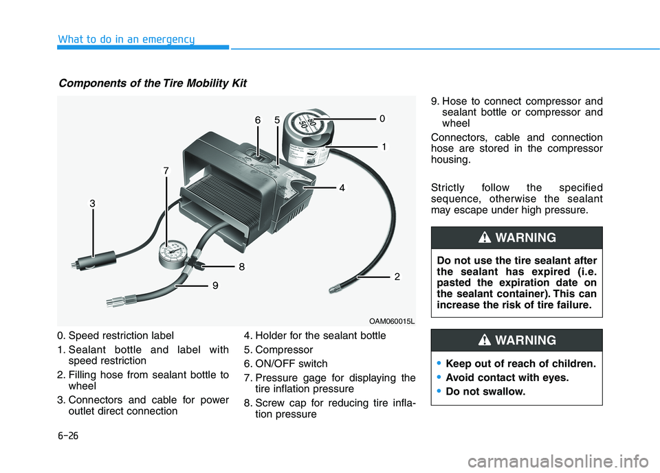 HYUNDAI ELANTRA SPORT 2019  Owners Manual 6-26
0. Speed restriction label 
1. Sealant bottle and label with
speed restriction
2. Filling hose from sealant bottle to wheel
3. Connectors and cable for power outlet direct connection 4. Holder fo