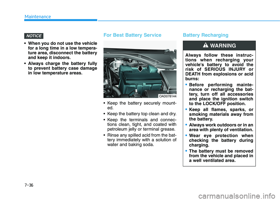 HYUNDAI ELANTRA SPORT 2019 Owners Manual 7-36
Maintenance
When you do not use the vehiclefor a long time in a low tempera-
ture area, disconnect the battery
and keep it indoors.
Always charge the battery fully to prevent battery case dama HYUNDAI ELANTRA SPORT 2019 Owners Manual 7-36
Maintenance
When you do not use the vehiclefor a long time in a low tempera-
ture area, disconnect the battery
and keep it indoors.
Always charge the battery fully to prevent battery case dama