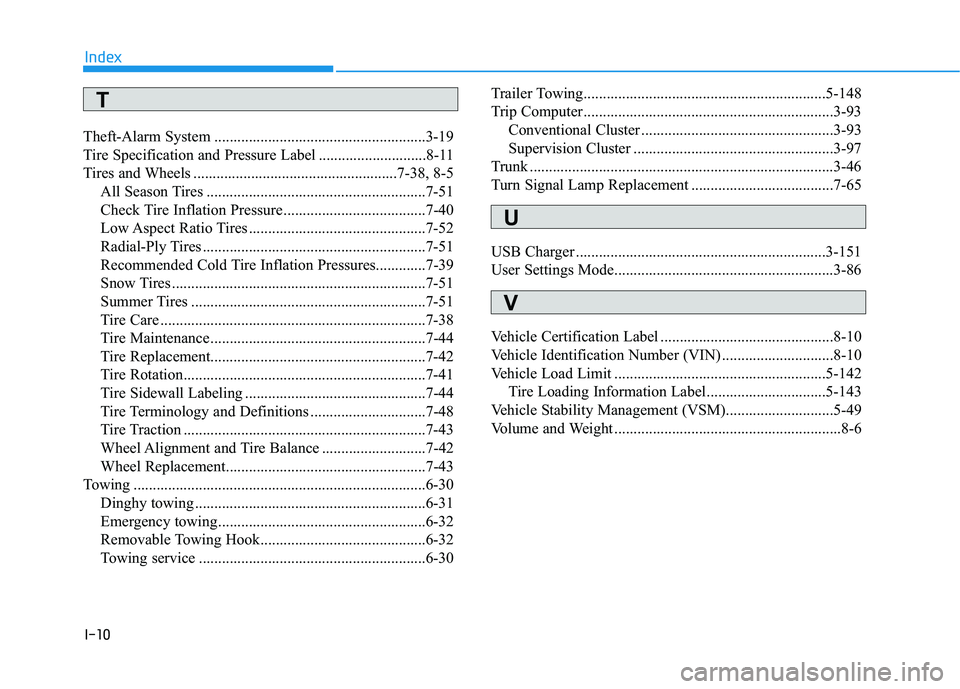 HYUNDAI ELANTRA SPORT 2019  Owners Manual I-10
Theft-Alarm System .......................................................3-19 
Tire Specification and Pressure Label ............................8-11
Tires and Wheels ...........................