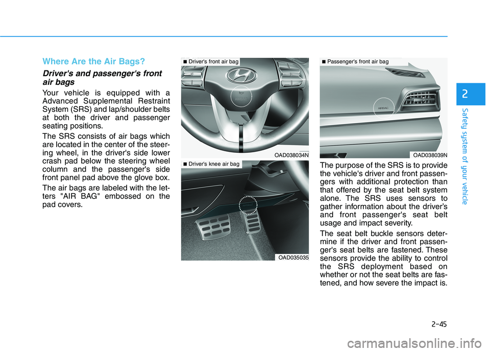 HYUNDAI ELANTRA SPORT 2019 Repair Manual 2-45
Safety system of your vehicle
2
Where Are the Air Bags?
Drivers and passengers frontair bags
Your vehicle is equipped with a
Advanced Supplemental RestraintSystem (SRS) and lap/shoulder belt HYUNDAI ELANTRA SPORT 2019 Repair Manual 2-45
Safety system of your vehicle
2
Where Are the Air Bags?
Drivers and passengers frontair bags
Your vehicle is equipped with a
Advanced Supplemental RestraintSystem (SRS) and lap/shoulder belt
