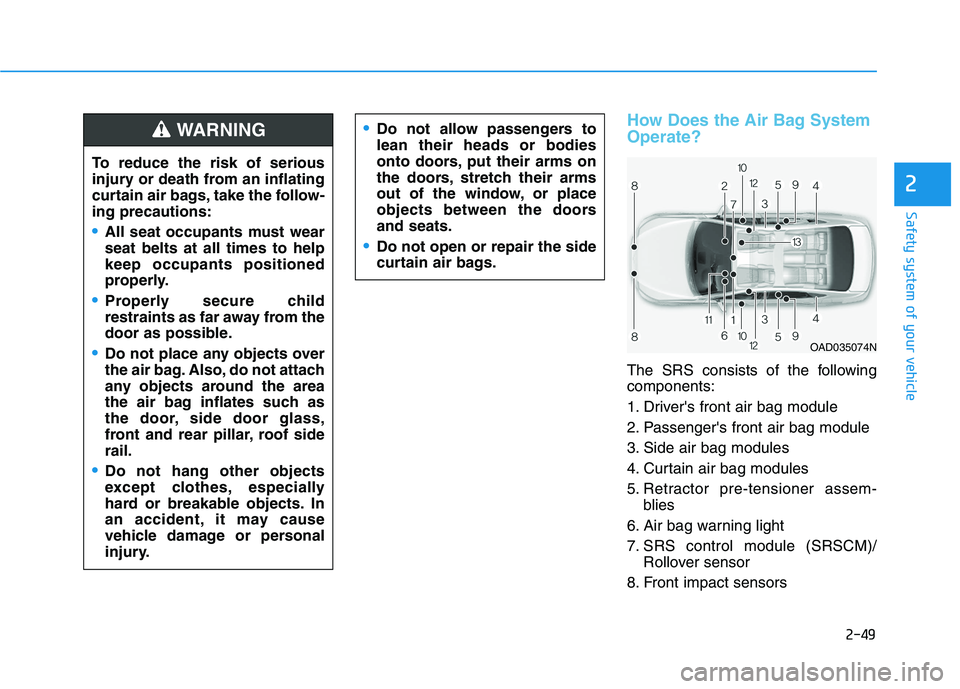 HYUNDAI ELANTRA SPORT 2019 Repair Manual 2-49
Safety system of your vehicle
2
How Does the Air Bag System Operate?
The SRS consists of the following components:
1. Drivers front air bag module
2. Passengers front air bag module
3. Side a HYUNDAI ELANTRA SPORT 2019 Repair Manual 2-49
Safety system of your vehicle
2
How Does the Air Bag System Operate?
The SRS consists of the following components:
1. Drivers front air bag module
2. Passengers front air bag module
3. Side a