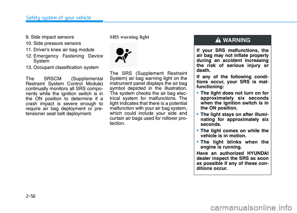 HYUNDAI ELANTRA SPORT 2019  Owners Manual 2-50
Safety system of your vehicle
9. Side impact sensors 
10. Side pressure sensors
11. Drivers knee air bag module
12. Emergency Fastening DeviceSystem
13. Occupant classification system The SRSCM 
