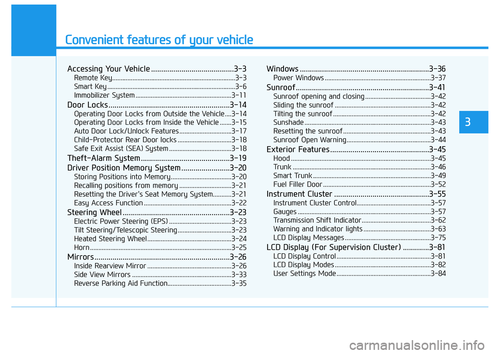 HYUNDAI ELANTRA SPORT 2019  Owners Manual Convenient features of your vehicle
Accessing Your Vehicle .........................................3-3Remote Key.........................................................................3-3 
Smart Key