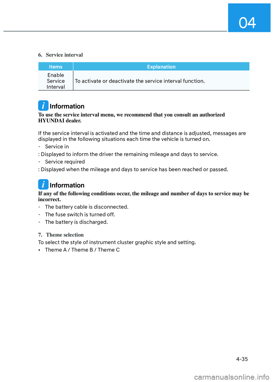 HYUNDAI ELANTRA N 2022 Owners Manual 04
4-35
6. Service interval
ItemsExplanation
Enable
Service
Interval To activate or deactivate the service interval function.
Information
To use the service interval menu, we recommend that you con HYUNDAI ELANTRA N 2022 Owners Manual 04
4-35
6. Service interval
ItemsExplanation
Enable
Service
Interval To activate or deactivate the service interval function.
Information
To use the service interval menu, we recommend that you con