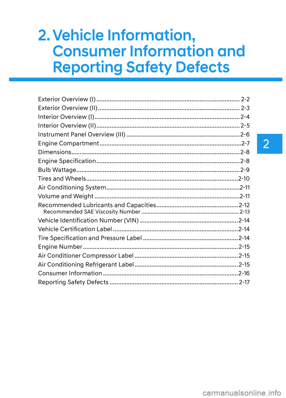 HYUNDAI ELANTRA N 2022  Owners Manual 2
2.  Vehicle  Information, Consumer Information and 
Reporting Safety Defects
Exterior Overview (I) ........................................................................\
.............. 2-2
Exteri