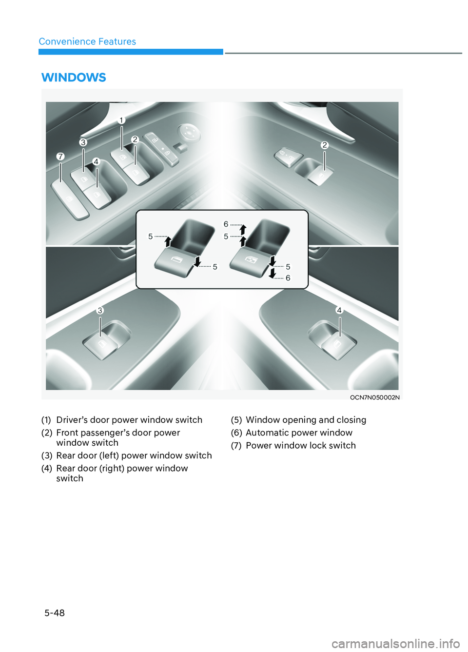 HYUNDAI ELANTRA N 2022  Owners Manual 5-48
Convenience Features
(1)  Driver’s door power window switch
(2)  Front passenger’s door power 
window switch
(3)  Rear door (left) power window switch
(4)  Rear door (right) power window  swi