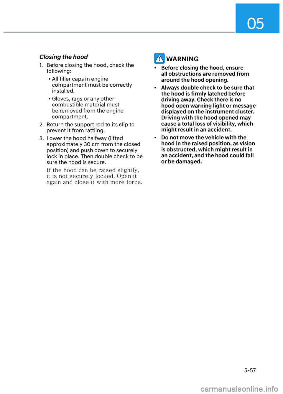 HYUNDAI ELANTRA N 2022 Owners Manual 05
5-57
Closing the hood
1. Before closing the hood, check the following:
• All filler caps in engine compartment must be correctly
installed.
• Gloves, rags or any other combustible material HYUNDAI ELANTRA N 2022 Owners Manual 05
5-57
Closing the hood
1. Before closing the hood, check the following:
• All filler caps in engine compartment must be correctly
installed.
• Gloves, rags or any other combustible material