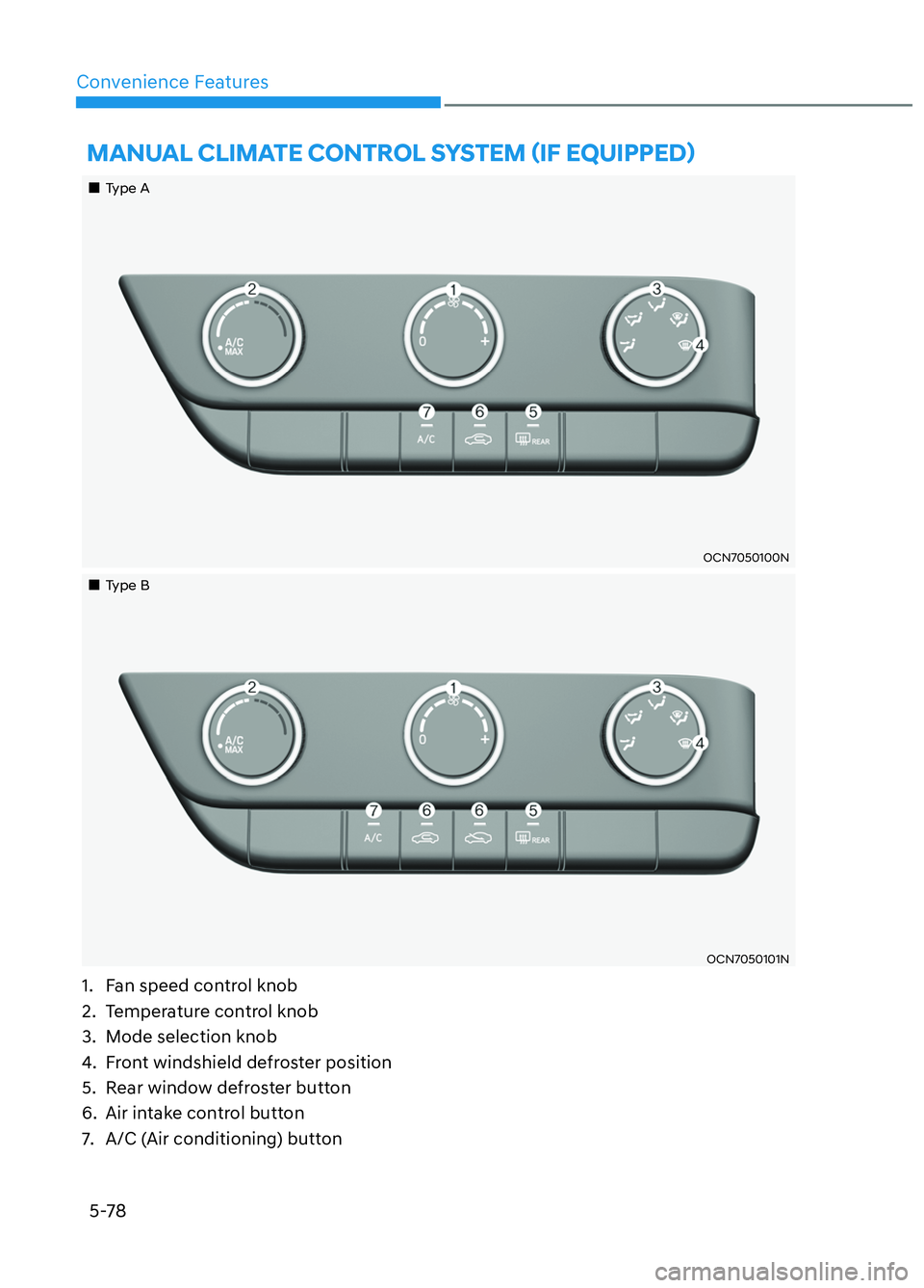 HYUNDAI ELANTRA N 2022  Owners Manual Convenience Features5-78
 MANUAL CLIMATE CONTROL SYSTEM (IF EQUIPPED)
Type AType A
OCN7050100NOCN7050100N
Type BType B
  OCN7050101NOCN7050101N
1.  Fan speed control knob 
2.  