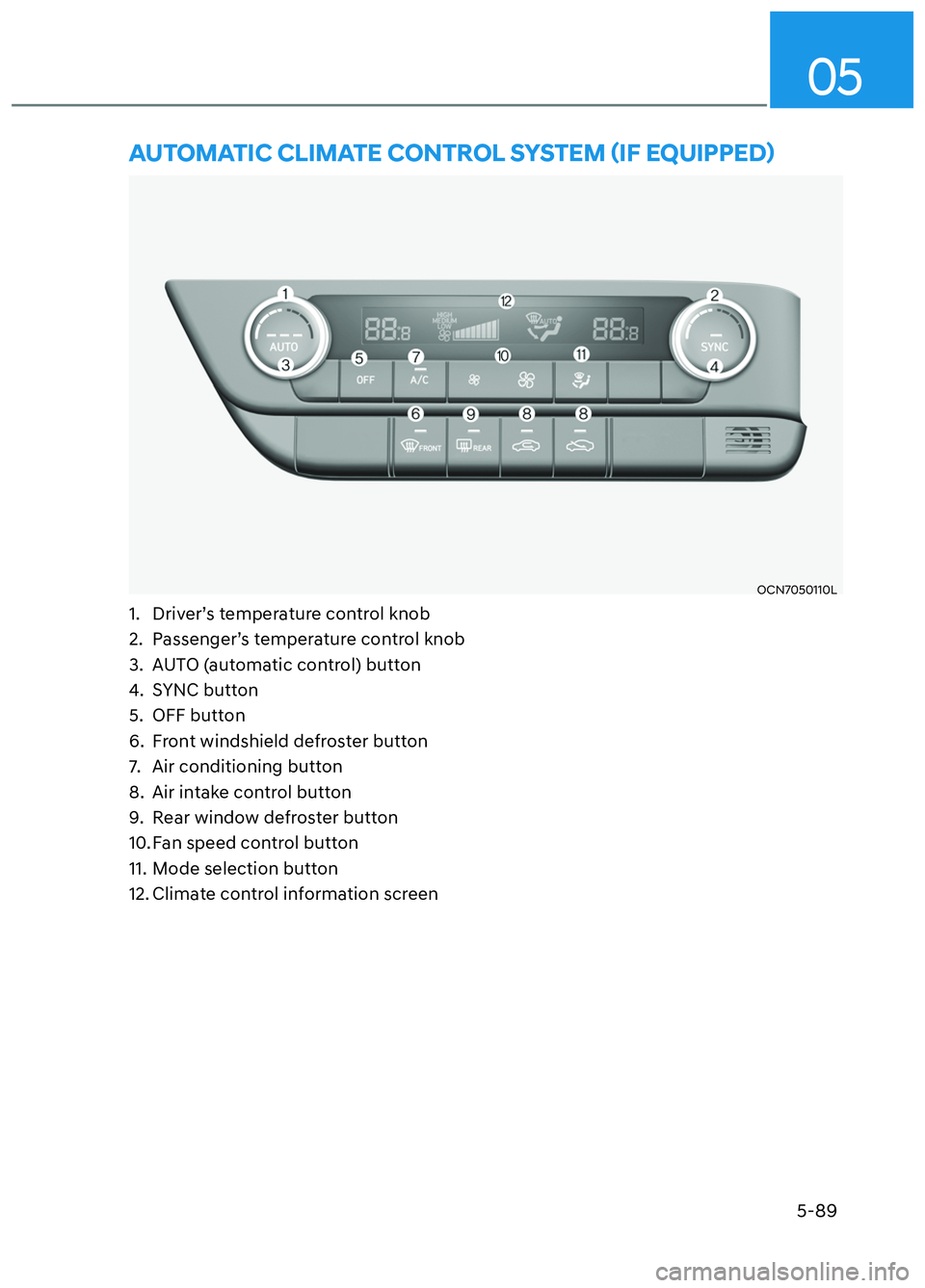 HYUNDAI ELANTRA N 2022  Owners Manual 05
5-89
 AUTOMATIC CLIMATE CONTROL SYSTEM (IF EQUIPPED)
OCN7050110LOCN7050110L
1.  Driver’s temperature control knob 
2.  Passenger’s temperature control knob 
3.  AUTO (automatic control) button 