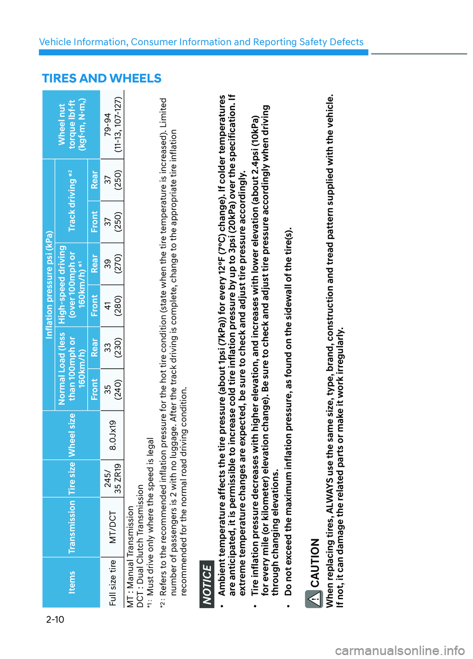 HYUNDAI ELANTRA N 2022 Owners Manual Vehicle Information, Consumer Information and Reporting Safety Defects2-10
TIRES AND WHEELS
Items Transmission Tire size Wheel size Inflation pressure psi (kPa)
Wheel nut
torque lbf·ft
(kgf·m, N HYUNDAI ELANTRA N 2022 Owners Manual Vehicle Information, Consumer Information and Reporting Safety Defects2-10
TIRES AND WHEELS
Items Transmission Tire size Wheel size Inflation pressure psi (kPa)
Wheel nut
torque lbf·ft
(kgf·m, N