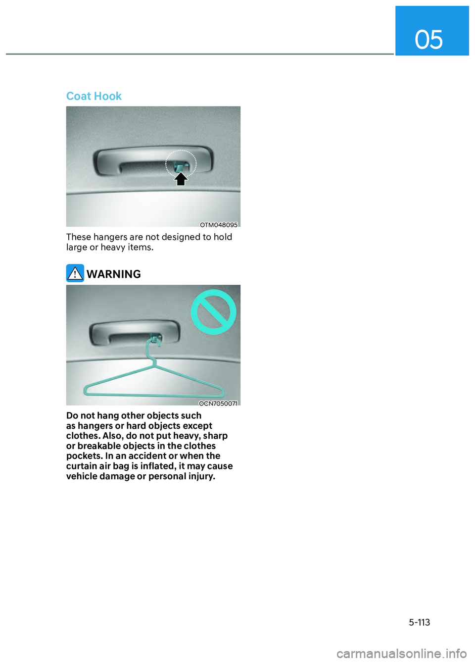 HYUNDAI ELANTRA N 2022  Owners Manual 05
5-113
Coat Hook
OTM048095OTM048095
These hangers are not designed to hold 
large or heavy items.
 WARNING
OCN7050071OCN7050071
Do not hang other objects such 
as hangers or hard objects except 
clo