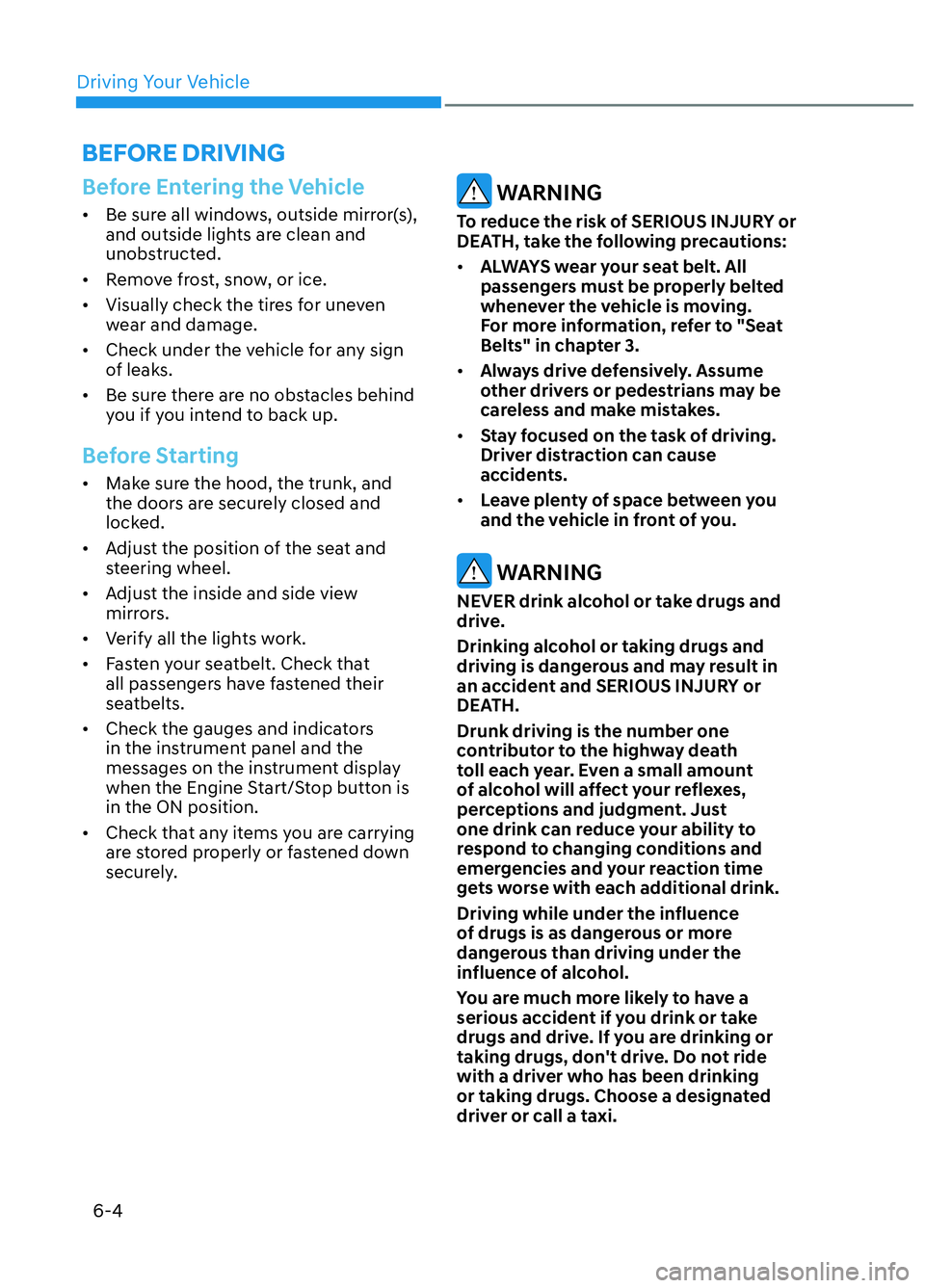 HYUNDAI ELANTRA N 2022  Owners Manual Driving Your Vehicle6-4
Before Entering the Vehicle
•  Be sure all windows, outside mirror(s),  and outside lights are clean and 
unobstructed.
•  Remove frost, snow, or ice.
•  Visually check t