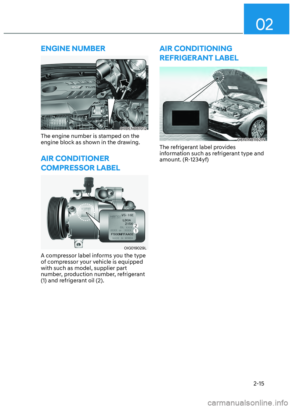 HYUNDAI ELANTRA N 2022  Owners Manual 02
2-15
OPDEN087012 OPDEN087012 
The engine number is stamped on the 
engine block as shown in the drawing.
AIR CONDITIONER 
COMPRESSOR LABEL
OIG019029LOIG019029L
A compressor label informs you the ty