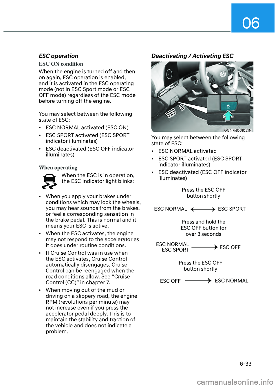 HYUNDAI ELANTRA N 2022  Owners Manual 06
6-33
ESC operation
ESC ON condition
When the engine is turned off and then 
on again, ESC oper
ation is enabled, 
and it is activated in the ESC operating 
mode (not in ESC Sport mode or ESC 
OFF m