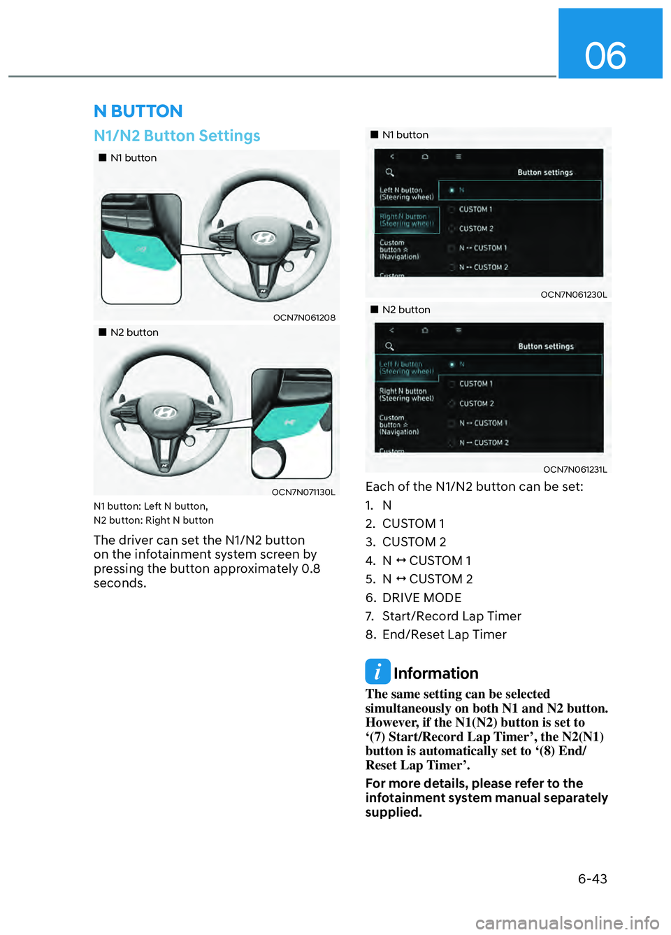 HYUNDAI ELANTRA N 2022  Owners Manual 06
6-43
 N  BUTTON
 N1/N2 Button Settings
N1 buttonN1 button
OCN7N061208OCN7N061208
N2 buttonN2 button
OCN7N071130L OCN7N071130L N1 button: Left N button,
N2 button: Right N bu