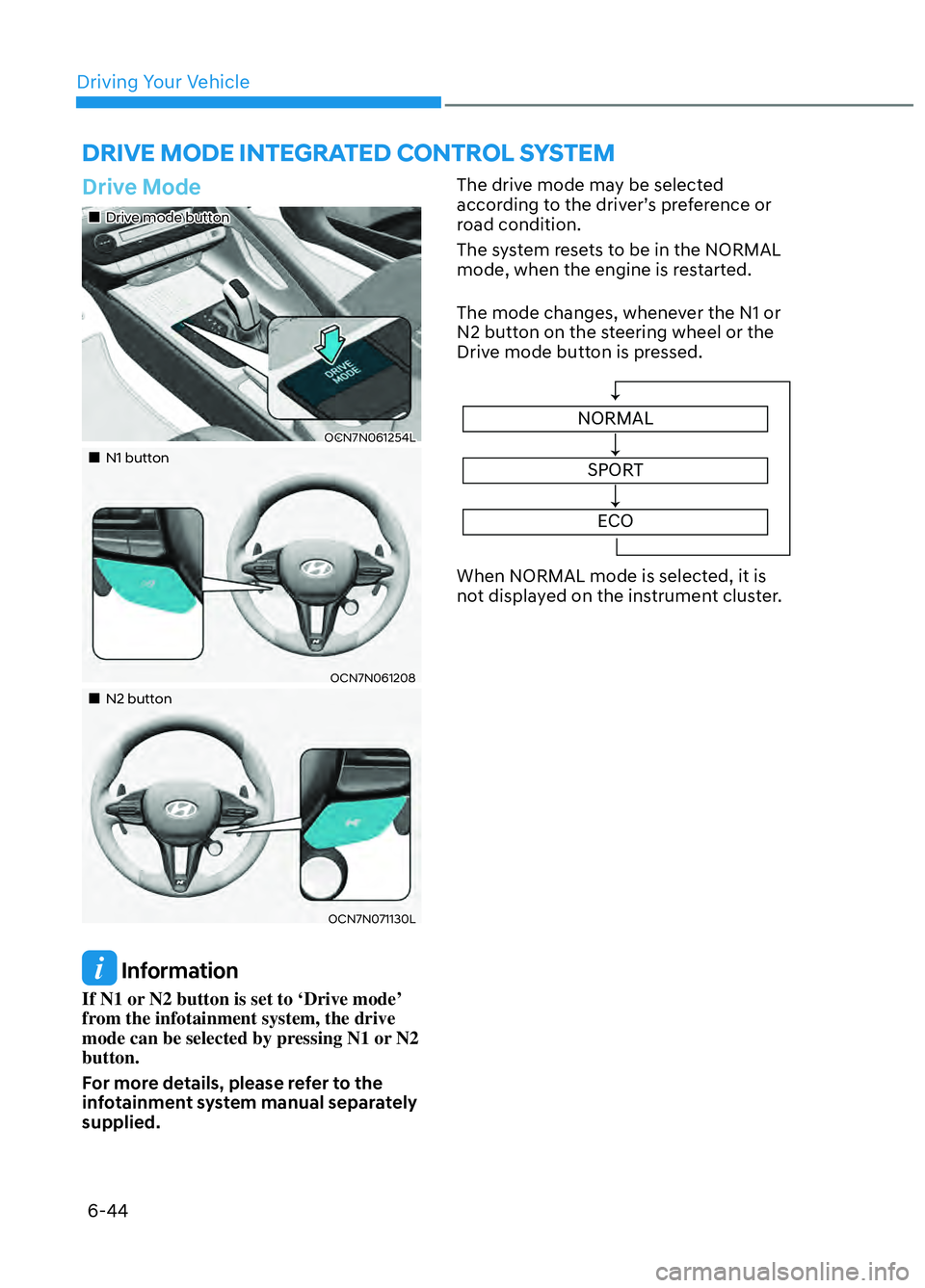 HYUNDAI ELANTRA N 2022  Owners Manual Driving Your Vehicle6-44
 Drive  Mode
Drive mode buttonDrive mode button
OCN7N061254LOCN7N061254L
N1 buttonN1 button
OCN7N061208 OCN7N061208 
N2 buttonN2 button
OCN