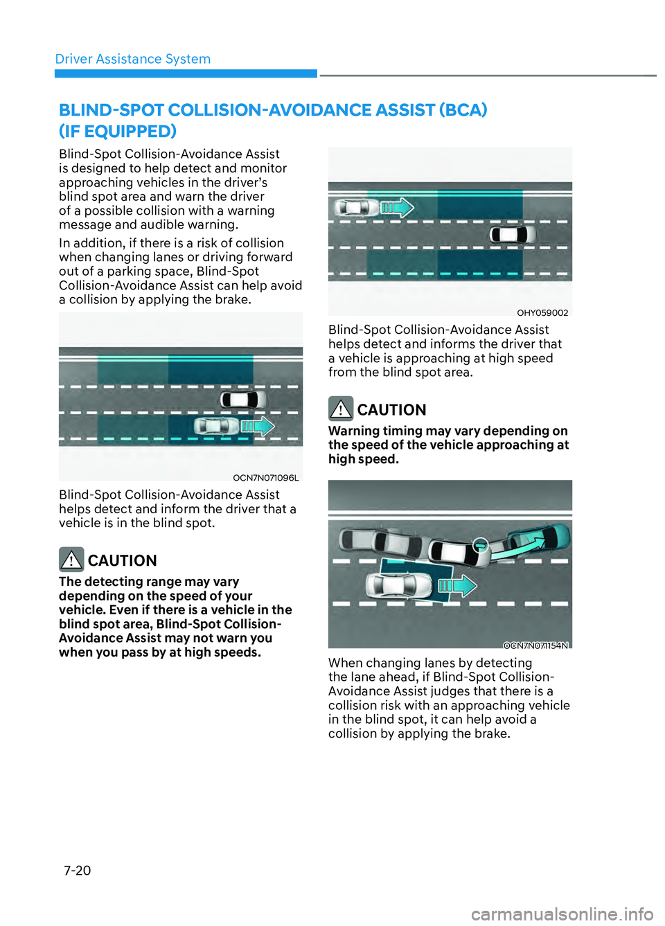 HYUNDAI ELANTRA N 2022  Owners Manual Driver Assistance System7-20
BLIND-SPOT COLLISION-AVOIDANCE ASSIST (BCA) 
(IF EQUIPPED)
Blind-Spot Collision-Avoidance Assist 
is designed to help detect and monitor 
approaching vehicles in the drive