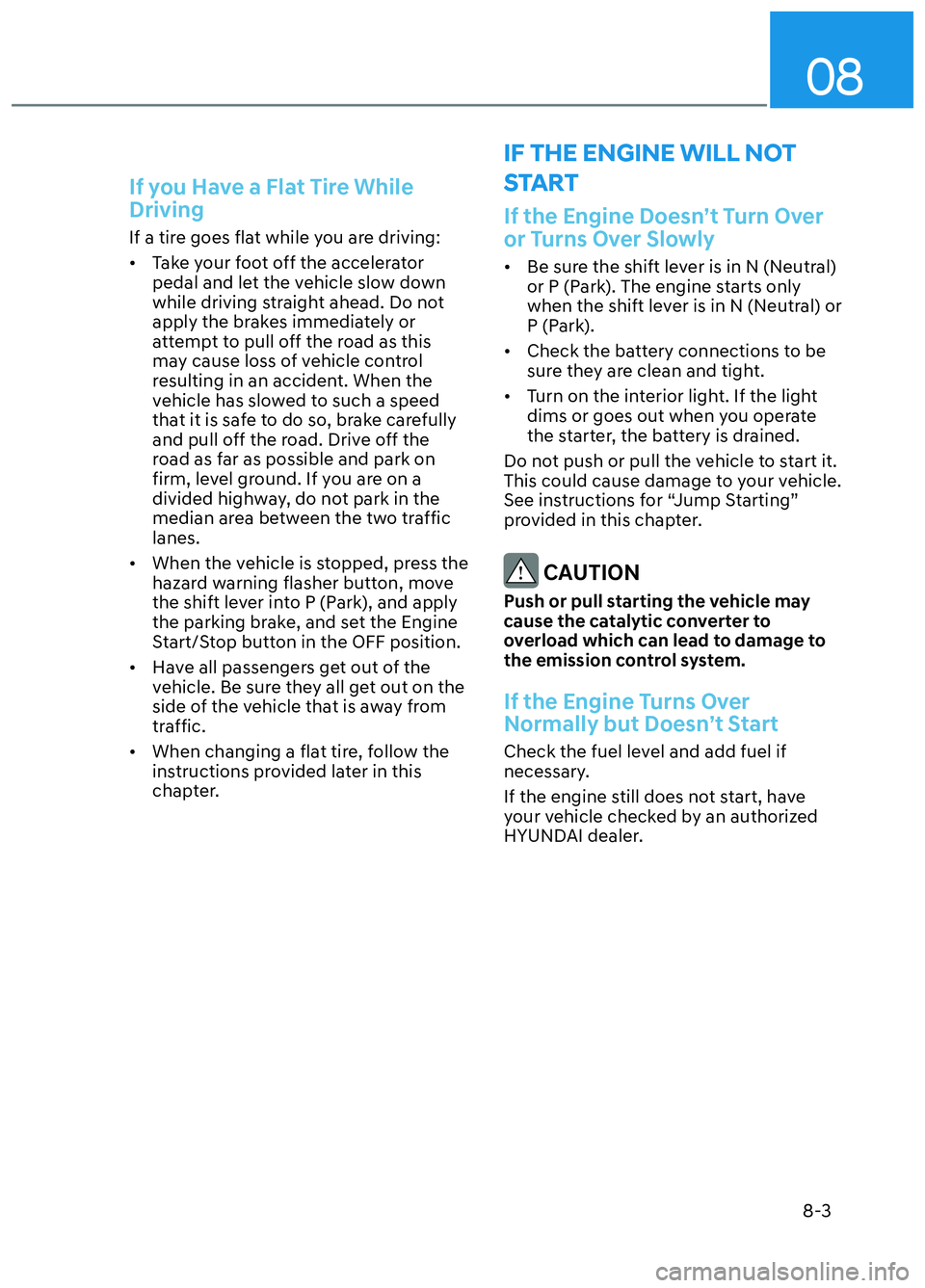 HYUNDAI ELANTRA N 2022 Owners Manual 08
8-3
If you Have a Flat Tire While
Driving
If a tire goes flat while you are driving:
• Take your foot off the accelerator pedal and let the vehicle slow down
while driving straight ahead. Do n HYUNDAI ELANTRA N 2022 Owners Manual 08
8-3
If you Have a Flat Tire While
Driving
If a tire goes flat while you are driving:
• Take your foot off the accelerator pedal and let the vehicle slow down
while driving straight ahead. Do n