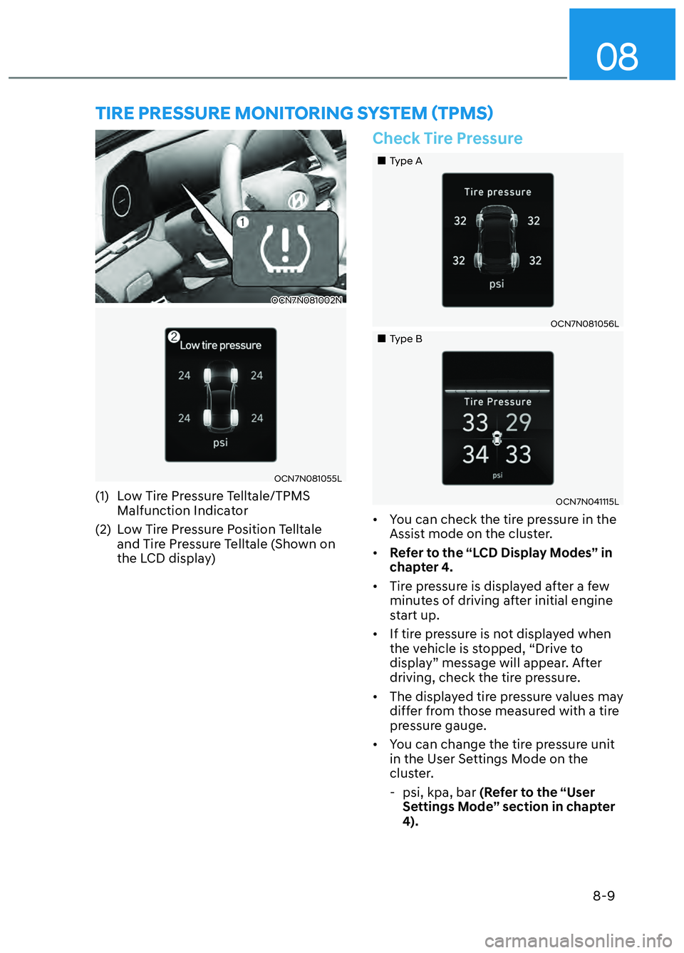 HYUNDAI ELANTRA N 2022  Owners Manual 08
8-9
TIRE PRESSURE MONITORING SYSTEM (TPMS) 
OCN7N081002NOCN7N081002N
OCN7N081055LOCN7N081055L
(1)  Low Tire Pressure Telltale/TPMS Malfunction Indicator
(2)  Low Tire Pressure Position Telltale  an