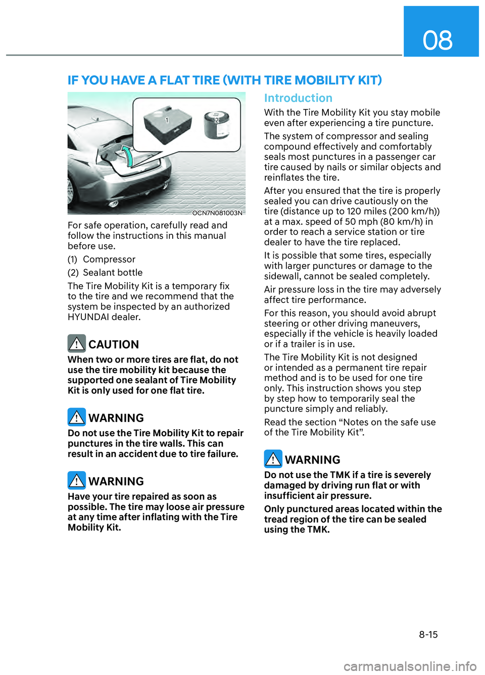 HYUNDAI ELANTRA N 2022  Owners Manual 08
8-15
IF YOU HAVE A FLAT TIRE (WITH TIRE MOBILITY KIT) 
OCN7N081003NOCN7N081003N
For safe operation, carefully read and 
follow the instructions in this manual 
before use.
(1) Compressor
(2) Sealan