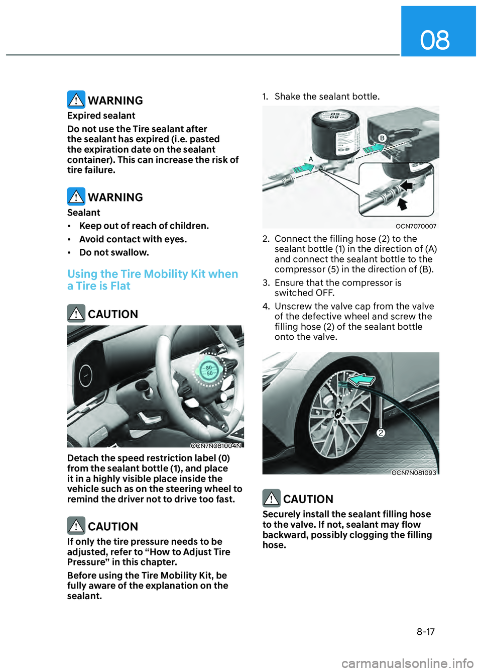 HYUNDAI ELANTRA N 2022  Owners Manual 08
8-17
 WARNING
Expired sealant
Do not use the Tire sealant after 
the sealant has expired (i.e. pasted 
the expiration date on the sealant 
container). This can increase the risk of 
tire failure.
 