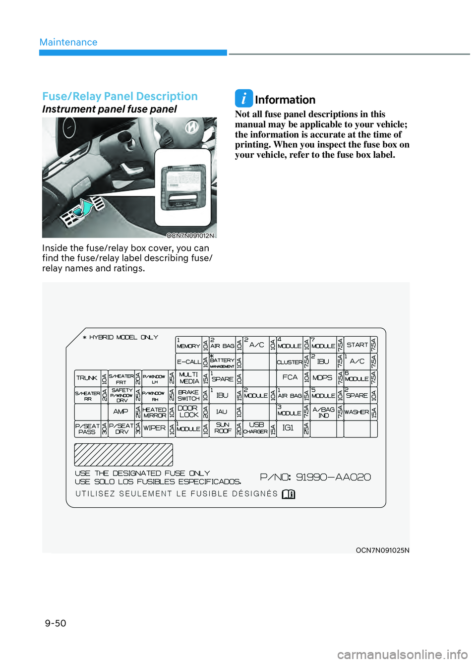 HYUNDAI ELANTRA N 2022  Owners Manual Maintenance9-50
OCN7N091025N
Fuse/Relay Panel Description
Instrument panel fuse panel
OCN7N091012NOCN7N091012N
Inside the fuse/relay box cover, you can 
find the fuse/relay label describing fuse/
rela