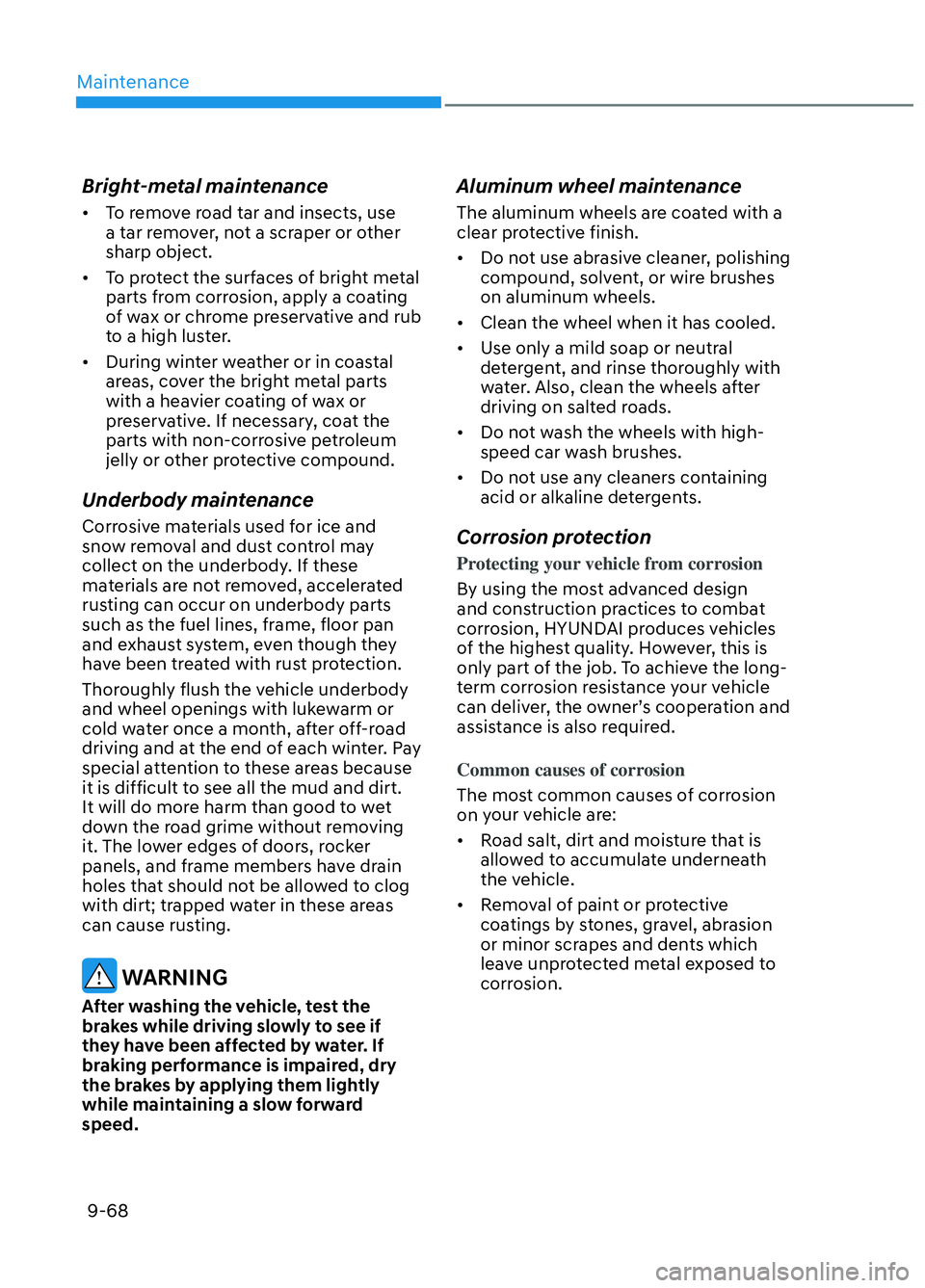 HYUNDAI ELANTRA N 2022  Owners Manual Maintenance9-68
Bright-metal maintenance
•  To remove road tar and insects, use  a tar remover, not a scraper or other 
sharp object.
•  To protect the surfaces of bright metal  parts from corrosi