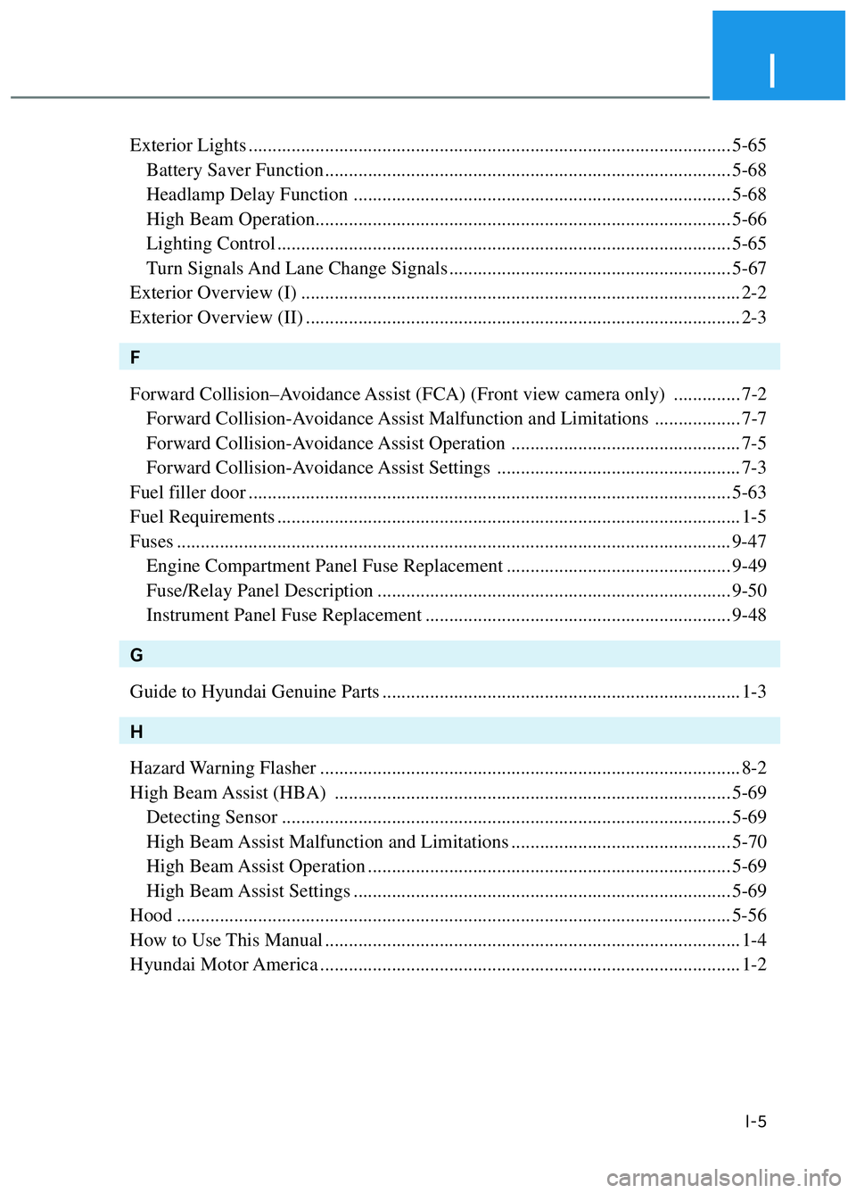 HYUNDAI ELANTRA N 2022  Owners Manual I
I-5
Exterior Lights ........................................................................\
............................. 5-65
  Battery Saver Function ............................................