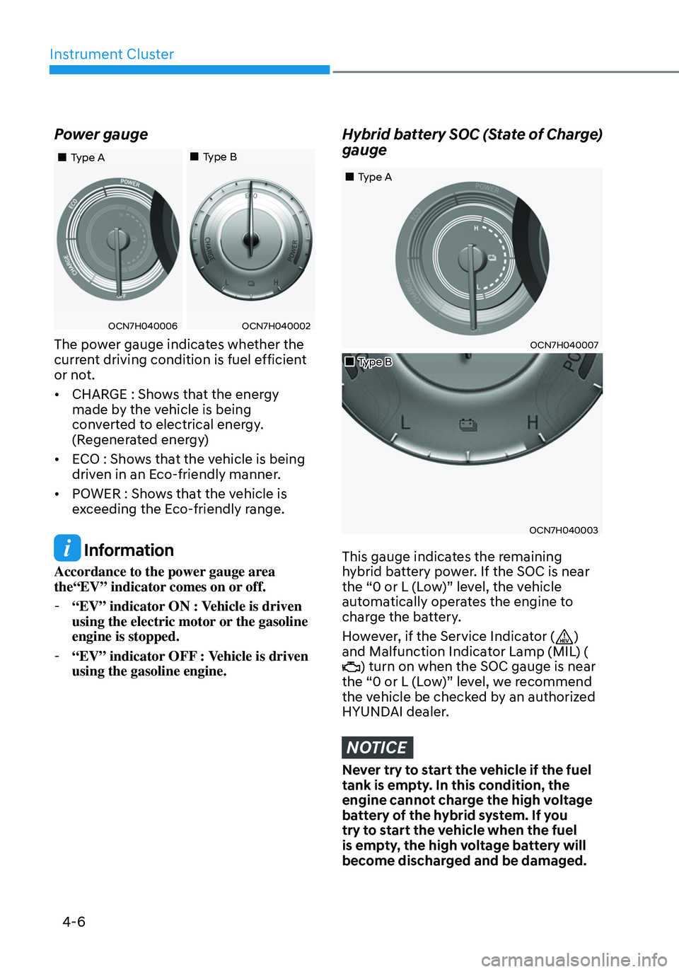 HYUNDAI ELANTRA HYBRID 2021  Owners Manual Instrument Cluster
4-6
Power gauge 
OCN7H040006OCN7H040002
„„Type A„„Type B
The power gauge indicates whether the 
current driving condition is fuel efficient 
or not. 
•	
CHARGE