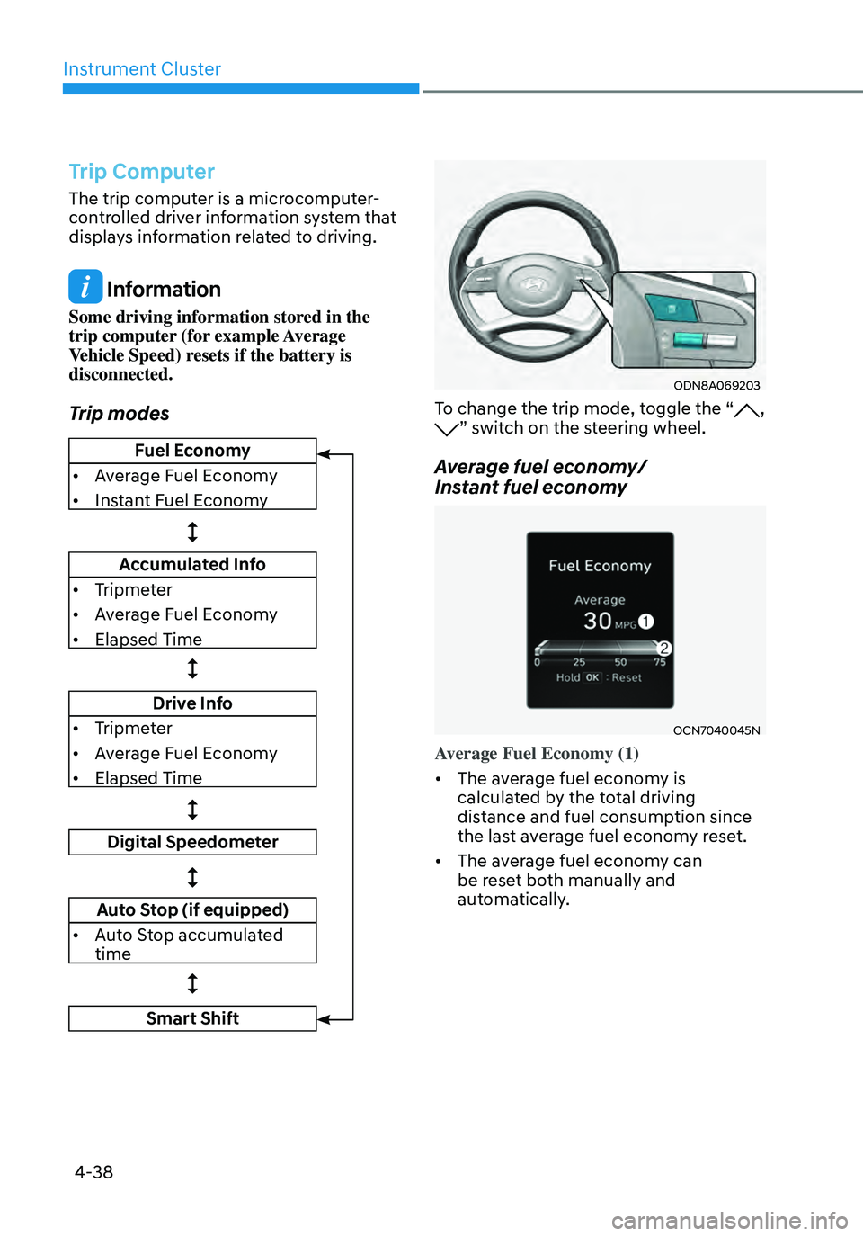 HYUNDAI ELANTRA HYBRID 2021  Owners Manual Instrument Cluster
4-38
Trip Computer
The trip computer is a microcomputer-
controlled driver information system that 
displays information related to driving.
 Information
Some driving information st