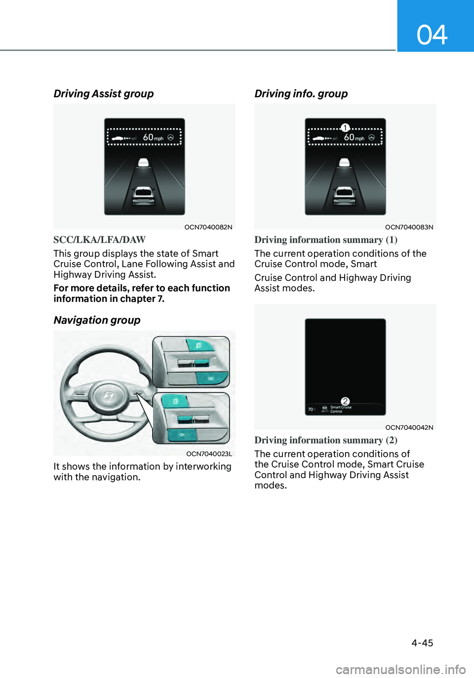 HYUNDAI ELANTRA HYBRID 2021  Owners Manual 04
4-45
Driving Assist group
OCN7040082N
SCC/LKA/LFA/DAW
This group displays the state of Smart 
Cruise Control, Lane Following Assist and 
Highway Driving Assist.
For more details, refer to each func