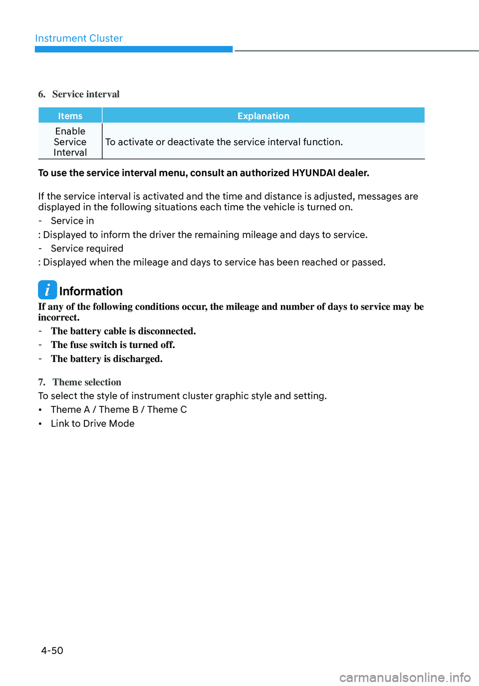 HYUNDAI ELANTRA HYBRID 2021  Owners Manual Instrument Cluster
4-50
6. Service interval
ItemsExplanation
Enable 
Service 
Interval To activate or deactivate the service interval function.
To use the service interval menu, consult an authorized 
