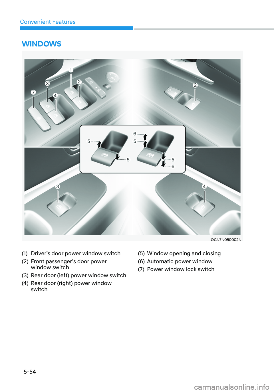 HYUNDAI ELANTRA HYBRID 2021 Owners Manual 5-54
Convenient Features
(1) Driver’s door power window switch
(2) Front passenger’s door power
window switch
(3) Rear door (left) power window switch
(4) Rear door (right) power window
switch
( HYUNDAI ELANTRA HYBRID 2021 Owners Manual 5-54
Convenient Features
(1) Driver’s door power window switch
(2) Front passenger’s door power
window switch
(3) Rear door (left) power window switch
(4) Rear door (right) power window
switch
(