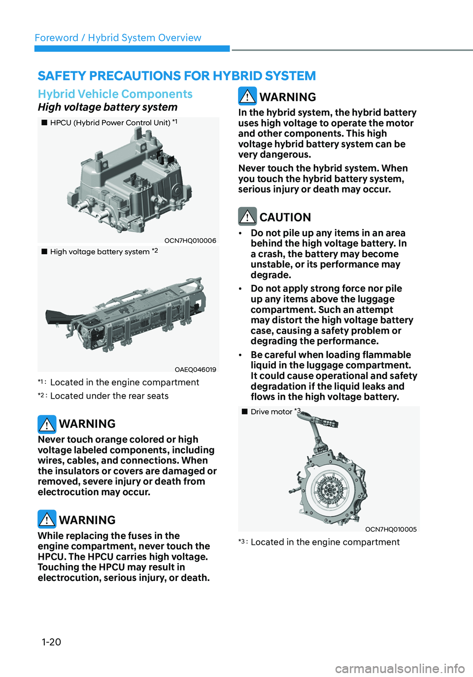HYUNDAI ELANTRA HYBRID 2021 Owners Manual Foreword / Hybrid System Overview
1-20
SAFETY PRECAUTIONS FOR HYBRID SYSTEM
Hybrid Vehicle Components
High voltage battery system
HPCU (Hybrid Power Control Unit) *1
OCN7HQ010006
HYUNDAI ELANTRA HYBRID 2021 Owners Manual Foreword / Hybrid System Overview
1-20
SAFETY PRECAUTIONS FOR HYBRID SYSTEM
Hybrid Vehicle Components
High voltage battery system
HPCU (Hybrid Power Control Unit) *1
OCN7HQ010006
