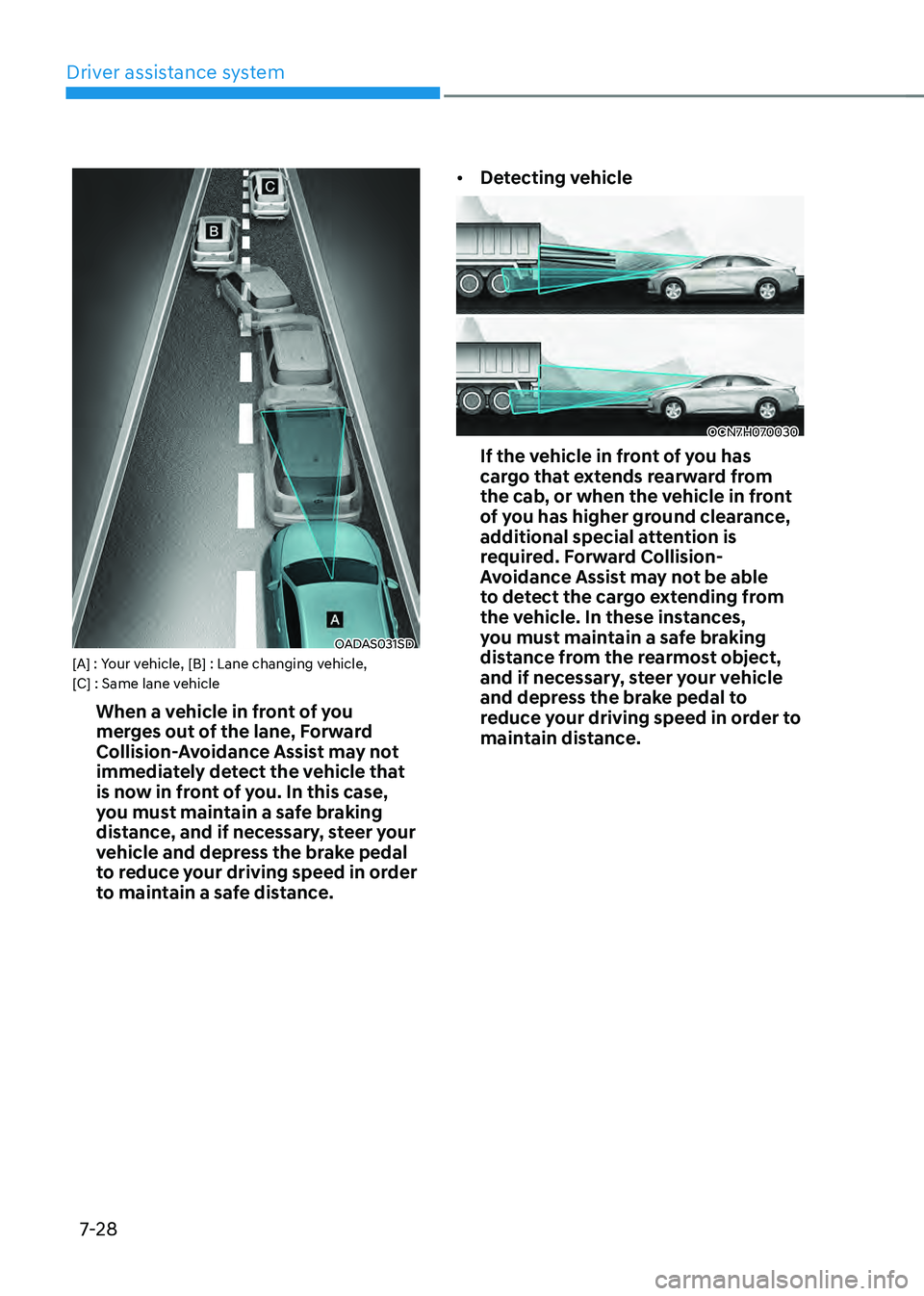 HYUNDAI ELANTRA HYBRID 2021  Owners Manual Driver assistance system
7-28
OADAS031SD[A] : Your vehicle, [B] : Lane changing vehicle, 
[C] : Same lane vehicle
When a vehicle in front of you 
merges out of the lane, Forward 
Collision-Avoidance A