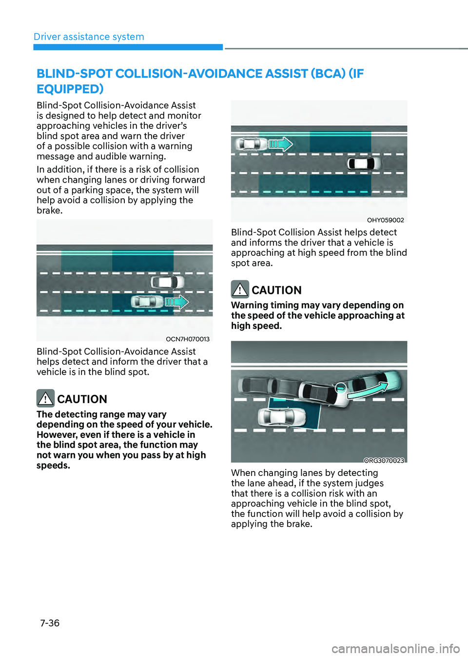 HYUNDAI ELANTRA HYBRID 2021 Owners Manual Driver assistance system
7-36
BLIND-SPOT COLLISION-AVOIDANCE ASSIST (BCA) (IF
EQUIPPED)
Blind-Spot Collision-Avoidance Assist
is designed to help detect and monitor
approaching vehicles in the driv HYUNDAI ELANTRA HYBRID 2021 Owners Manual Driver assistance system
7-36
BLIND-SPOT COLLISION-AVOIDANCE ASSIST (BCA) (IF
EQUIPPED)
Blind-Spot Collision-Avoidance Assist
is designed to help detect and monitor
approaching vehicles in the driv