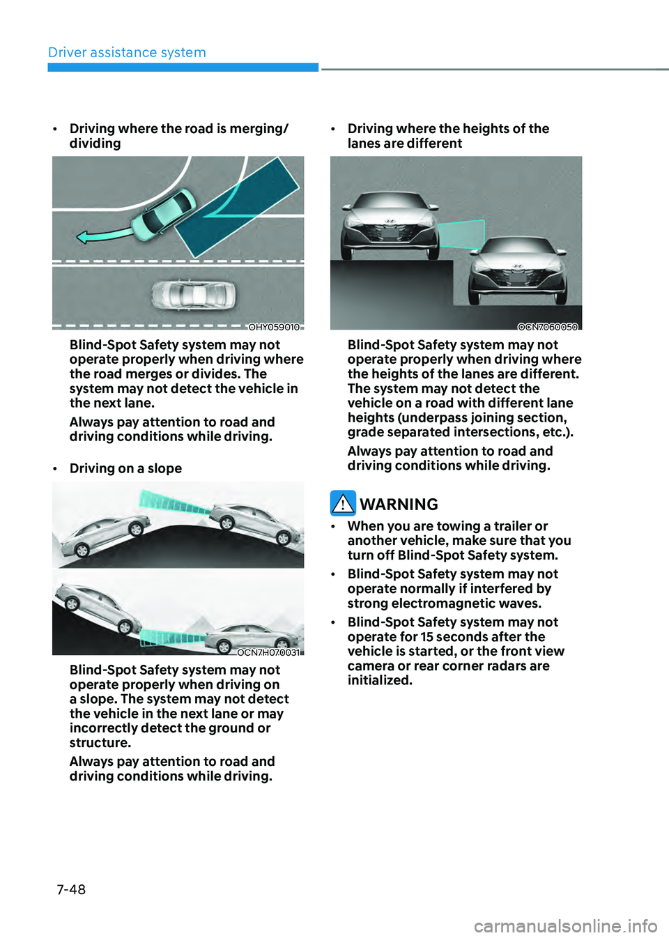 HYUNDAI ELANTRA HYBRID 2021 Owners Manual Driver assistance system
7-48
• Driving where the road is merging/
dividing
OHY059010
Blind-Spot Safety system may not
operate properly when driving where
the road merges or divides. The
system m HYUNDAI ELANTRA HYBRID 2021 Owners Manual Driver assistance system
7-48
• Driving where the road is merging/
dividing
OHY059010
Blind-Spot Safety system may not
operate properly when driving where
the road merges or divides. The
system m