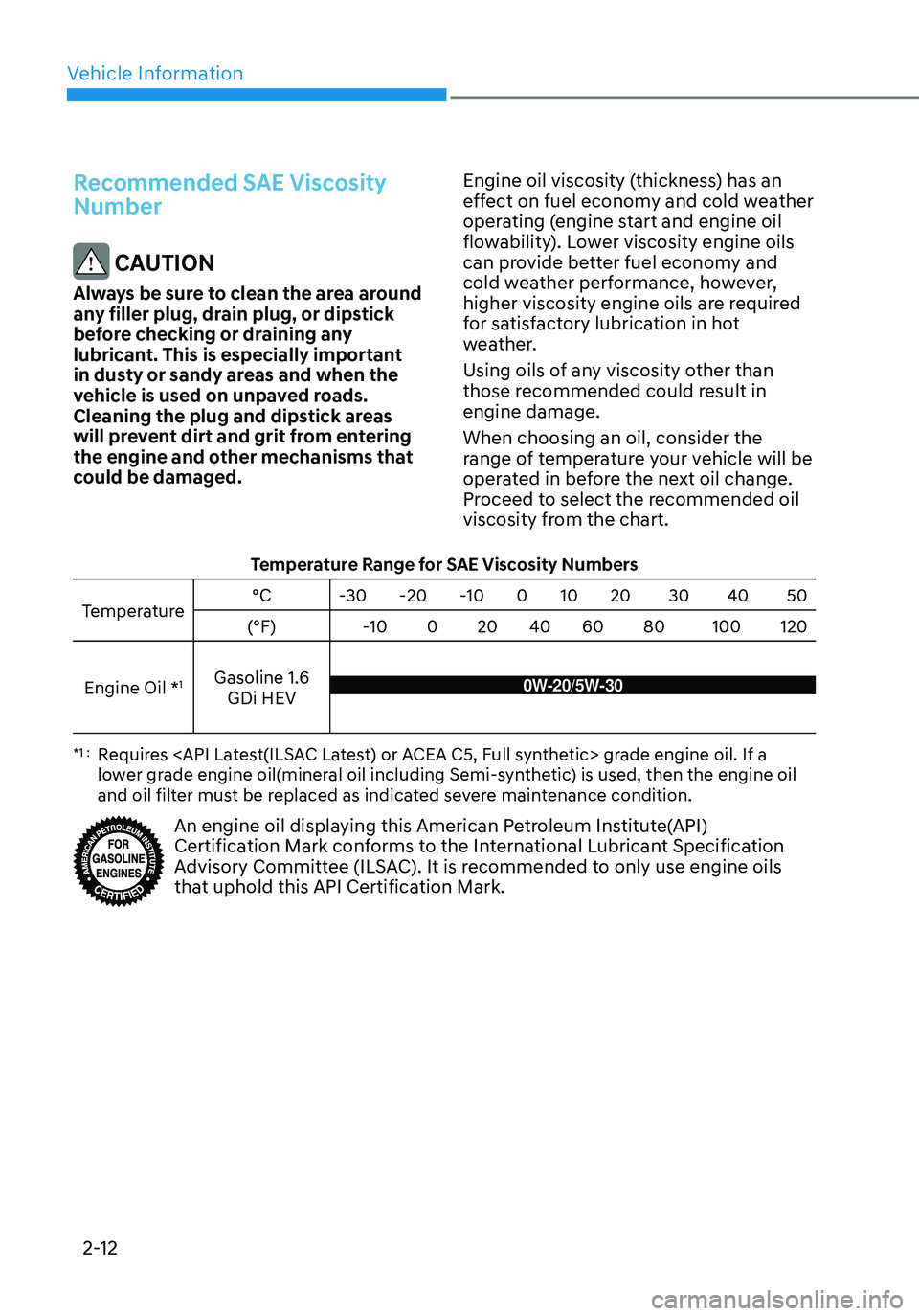 HYUNDAI ELANTRA HYBRID 2021  Owners Manual Vehicle Information
2-12
Recommended SAE Viscosity 
Number
 CAUTION
Always be sure to clean the area around 
any filler plug, drain plug, or dipstick 
before checking or draining any 
lubricant. This 