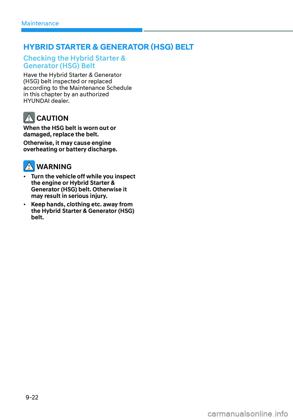 HYUNDAI ELANTRA HYBRID 2021  Owners Manual Maintenance
9-22
Checking the Hybrid Starter & 
Generator (HSG) Belt
Have the Hybrid Starter & Generator 
(HSG) belt inspected or replaced 
according to the Maintenance Schedule 
in this chapter by an