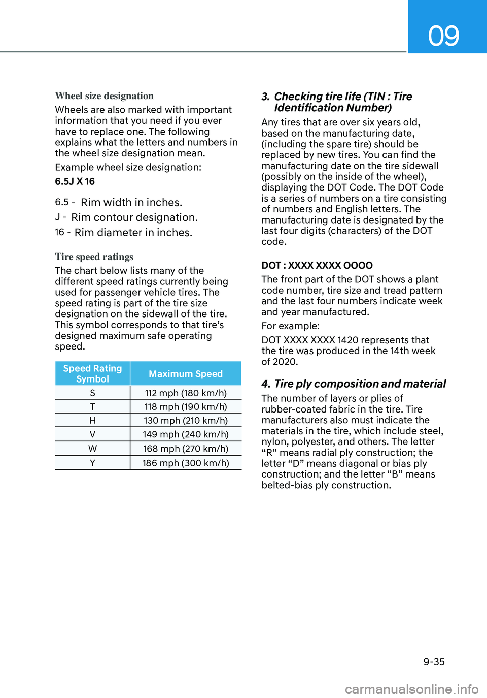 HYUNDAI ELANTRA HYBRID 2021  Owners Manual 09
9-35
Wheel size designation
Wheels are also marked with important 
information that you need if you ever 
have to replace one. The following 
explains what the letters and numbers in 
the wheel siz