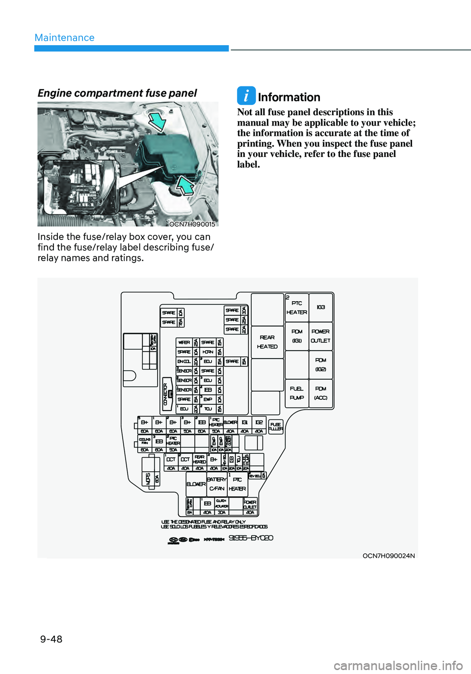 HYUNDAI ELANTRA HYBRID 2021  Owners Manual Maintenance
9-48
OCN7H090024N
Engine compartment fuse panel
OCN7H090015
Inside the fuse/relay box cover, you can 
find the fuse/relay label describing fuse/
relay names and ratings.
 Information
Not a