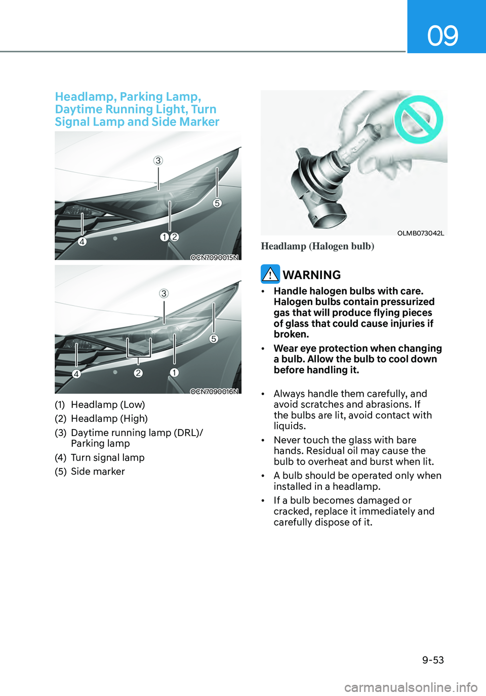HYUNDAI ELANTRA HYBRID 2021  Owners Manual 09
9-53
Headlamp, Parking Lamp, 
Daytime Running Light, Turn 
Signal Lamp and Side Marker
OCN7090015N
OCN7090016N
(1) Headlamp (Low)
(2) Headlamp (High)
(3) Daytime running lamp (DRL)/ 
Parking lamp
(