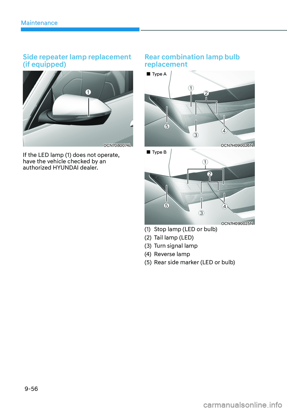 HYUNDAI ELANTRA HYBRID 2021  Owners Manual Maintenance
9-56
Side repeater lamp replacement 
(if equipped)
OCN7080074L
If the LED lamp (1) does not operate, 
have the vehicle checked by an 
authorized HYUNDAI dealer.
Rear combination lamp bulb 